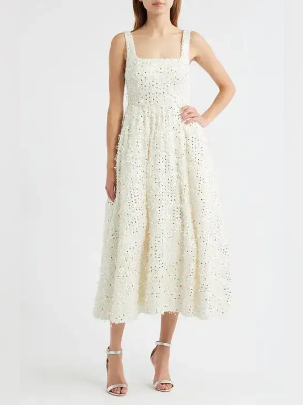 Sonya Moda Valentino Sequin Tweed Elegant Cream Sequin Midi Dress Sleeveless Med